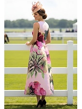  Ligne A Longueur cheville Robe de Derby Robe de Mère de Mariée  Sans manches Col en V Élégant ancien Kentucky Derby Satin avec Fleur Imprimé