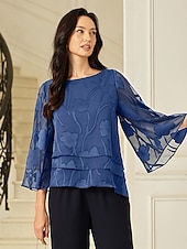  Mulheres Blusa transparente Tops de chiffon Renda Barra Assimétrica Floral Elegante Manga 3/4 Gola Redonda Tops regulares Diário Convidado do casamento Wedgwood Verão Primavera Outono