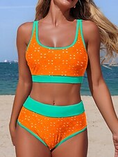 رخيصةأون أطقم البيكيني-نسائي ملابس السباحة بيكيني 2 قطعة عالي الخصر ملابس السباحة ضعيف بدون ظهر العطلة ملابس الشاطئ لون الصلبة منقط رقبة سكوب بدون كم بدلة سباحة