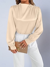 voordelige Chique Blouses-Dames Overhemd Satijnen overhemd Normaal shirt Met ruches Effen Stijlvol Basic Klassiek Lange mouw Hoge nek Normale tops Dagelijks Feestdagen Uitgaan Zwart Wit Wijn Rood Lente Herfst