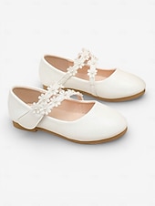 preiswerte Kinder &amp; Blumenmädchen-Elegante weiße Mary-Jane-Schuhe für Mädchen mit floralem Spitzenriemen und Perlenverzierungen, weichem Obermaterial aus PU-Leder und bequemer flacher Sohle, klassischer Prinzessinnenstil, perfekte