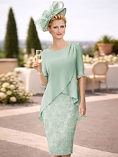 economico Lunghezza del tè-Tubino Colonna Lunghezza al ginocchio Vestito da Festa Abito da Cocktail Abito da invitata a nozze Abito da cerimonia per signora Mezza Manica Collo gioiello Elegante Ospite di nozze Con Paillettes