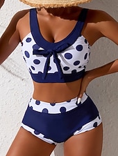 tanie Zestawy bikini-Damskie Stroje kąpielowe Bikini 2 szt Wysoka talia Kostium kąpielowy Szczupła Odkryte plecy Urlop Stroje plażowe Groszki Dekolt w kształcie litery U Bez rękawów Kostiumy kąpielowe