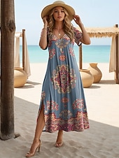 billiga Boho klänningar-Dam Midiklänning Skiftklänning Solklänning T shirtklänning Sommarklänning Semester Ledigt Boho Strand Fest Helgdag Lös passning Grafisk Geometrisk Paisley Kortärmad V-hals Blå Sommar Vår