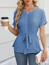 preiswerte Einfache Blusen-Damen Popover-Hemd Sommerhemd Freizeithemd Bluse Gerafft Schnürung Einfach Elegant Stilvoll Basic Kurzarm Rundhalsausschnitt Normale Oberteile Täglich Strand Ferien Blau Schwarz Weiß Grün Sommer