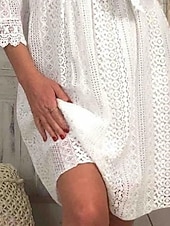 abordables Vestidos de playa-Mujer Vestido hasta la Rodilla Vestido blanco Vestido de encaje Elegante Vintage Moda Manga de la llamarada Diario Exterior Playa Ajuste regular Plano Manga 3/4 Escote en Pico Blanco Albaricoque