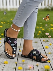cheap Slide Sandals-Women's White Butterfly Print Flat Slide Sandals – Casual Summer Style, Lightweight Comfort for Ladies, Beach, Vacation, Garden &amp; Daily Wear