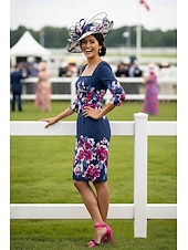 abordables Longitud del té-Funda Columna Hasta la Rodilla Vestido Cóctel Vestido Invitada Boda Vestido Derby Vestido de Madrina Manga 3/4 Escote Cuadrado Elegante Formal El derby de Kentucky Satén con Estampado flor