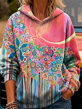 cheap Art&amp;Design Tops-Women's Pullover Hoodie Sweatshirt Patchwork Print Front Pocket Floral Graphic Casual Boho Long Sleeve Hooded Regular Tops Street Dailywear Pink Green Rainbow Spring Fall