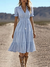 economico Abiti Falsi Essenziali-Per donna Abito Midi Finto cotone e lino Abito a trapezio Casual Quotidiano Vestibilità regolare Plaid Manica Corta Bavero Blu Estate Primavera Autunno