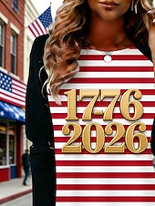  День независимости США Жен. Футболка С принтом Графика Полоски Мода Стиль Классика Длинный рукав Вырез под горло Обычные топы Повседневные выходные Одежда для отпуска Красный Весна Осень
