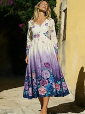  Per donna Abito Midi Vestito Casual Moda Quotidiano All'aperto Vacanza Vestibilità regolare Floreale Manica Lunga Scollo a V Viola Estate Primavera Autunno