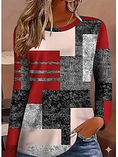 preiswerte Streifen- und geometrisches T-Shirt-Damen T Shirt Druck Grafik Geometrisch Mode Lässig Langarm Rundhalsausschnitt Normale Oberteile Täglich Blau Rosa Rote Leicht Braun Sommer Frühling Herbst Winter