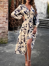 economico Abiti floreali-Per donna Abito Midi Abito a trapezio Vacanza Casual All'aperto Uscire Vestibilità regolare Floreale Manica Lunga Scollo a V Blu Verde Albicocca Estate Primavera Autunno