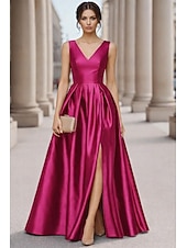 economico Abiti da Sera a Linea A-Linea ad A Lunghezza al pavimento Abito da Sera Elegante Quotidiano Senza Maniche Scollo a V Matrimonio Formale Taffetà con Pieghe Spacco