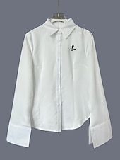 baratos Blusas Simples-Mulheres Saia camisa de botão Blusa Bordado Botões Côr Sólida Elegante à moda Casual Manga Longa Aberto para a Lateral Tops regulares Diário Trabalho Feriado Branco Verão Primavera Outono