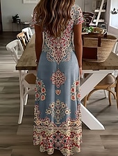 levne Boho šaty-Dámské Midi šaty Letní šaty Áčkové šaty prázdniny Na běžné nošení Cikánský Plážové Jdeme ven Standardní uložení Květinový Grafika Krátký rukáv Do V Vodní modrá Šedozelená Bílá Světle zelená Léto Jaro