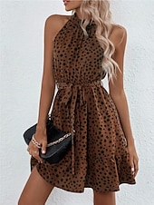 Недорогие Искусство и Дизайн Платья-Жен. Мини-платье Платье A-силуэта Платье-комбинация Платье с открытыми плечами Отпуск На каждый день на открытом воздухе На выход Стандартная посадка Леопард Горошек Без рукавов НАЙКА НЕКО