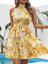 billiga Casual blommiga klänningar-Dam Mini klänning A linjeklänning Blommig klänning Halter Neck Klänning Elegant Mode Modern Utomhus Semester Utekväll Normal Blommig Ärmlös Halterneck Blå Gul Rodnande Rosa Sommar Vår