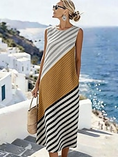 billiga Randiga och geometriska klänningar-Kvinnors Midi Klänning Linne Likt Sommardress Skift Klänning Semester Avslappnad Strand Utgång Regelbunden Passform Grafisk Geometrisk Ärmlös Rund Hals Blå Gul Röd Sommar Vår