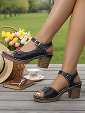 cheap Women-Women's Red Block Heel Open-Toe Sandals – Vintage-Inspired Buckle Strap Comfort Heels for Resort Dinners, Vacation Parties, Summer Events, City Walks &amp; Holiday Outfits