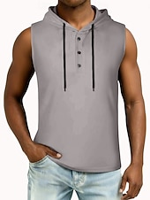 お買い得  ベーシックTシャツ-男性 ベストトップ ヘンリーパーカー ティートップ ノースリーブ フード付き 夏 純色 平織り ファッション デザイナー ベーシック ボタン フード付き カジュアル バケーション ストリート ブルー ブラック ホワイト メンズトップTシャツ