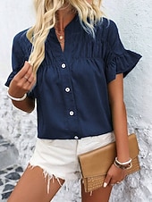 preiswerte Schicke Blusen-Damen Hemd Bluse Patchwork Knöpfe Einfach Vintage Stilvoll Lässig Kurzarm Stehkragen Normale Oberteile Täglich Ferien Ausgehen Denim Blue Schwarz Gelb Wein Marineblau Sommer Frühling