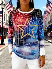  Amerikanska självständighetsdagen Dam T-shirt T-tröja Mönster Grafisk Flagga Stjärna Mode Grundläggande Klassisk Långärmad Rund hals Vanliga toppar Dagligen Utekväll Helgen Blå Rubinrött Sommar Vår