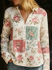  Dámské Košile Boho košile Imitace bavlny a lnu Knoflíky Tisk Květinový Čechy Aktivní Na běžné nošení Dlouhý rukáv Košilový límec Běžné topy Denní Dovolená Béžová Jaro Podzim