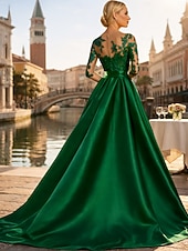 voordelige Vloerlengte-A-lijn Strijksleep Bruiloft gast jurk Formele jurk Avondjurk Moeder van de bruid jurk Lange mouw Met sieraad Elegant Zijdeachtig Kerstmis Formeel Satijn met Appliqués