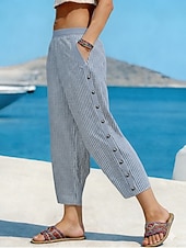 baratos Fundos Falsos Essenciais-Mulheres Linho de algodão sintético Calças Calça verão Clássico Casual Comprimento total Natural Listrado Bolsos Respirabilidade Macio Confortável Micro-Elástica Rua Roupa Diária Azul de céu claro