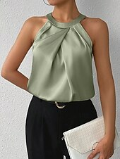 tanie Zwykły zbiornik-Damskie Elegancki Top satynowy Satynowa koszula Koszula obozowa Z marszczeniami Jednokolorowe Elegancki Podstawowy Codzienny Bez rękawów Kantarka Zwykłe topy Codzienny Święto Wyjściowe Czarny Biały