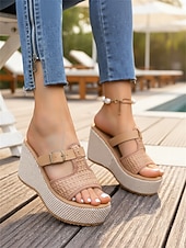 tanie Sandały na koturnie-damskie białe sandały na koturnie z paskiem ze sprzączką – stylowe i wygodne obuwie na lato, plażę i imprezy przy basenie