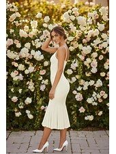 cheap Little White Dresses-Mermaid Trumpet Tea Length White Dress Little White Dress Elegant Open Back Sleeveless V Neck Wedding Formal Stretch Fabric Backless with Pleats