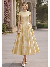 cheap Cocktail Dresses-A-Line Tea Length Cocktail Dresses Wedding Guest Dresses Elegant Short Sleeve Boat Neck Garden Party Formal Satin Lace with Floral Print Pleats Ruched