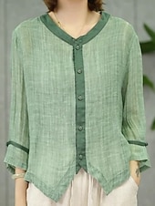 baratos Camisas Falsas Essenciais-Mulheres Linho de algodão sintético Botões Côr Sólida à moda Básico Casual Manga Longa Decote V Tops regulares Diário Azul Verde Claro Rosa Roxo Cinza Claro Verão Primavera Outono