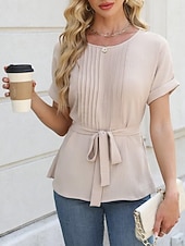 preiswerte Einfache Blusen-Damen Popover-Hemd Sommerhemd Freizeithemd Bluse Gerafft Schnürung Einfach Elegant Stilvoll Basic Kurzarm Rundhalsausschnitt Normale Oberteile Täglich Strand Ferien Blau Schwarz Weiß Grün Sommer