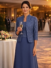 economico Set di abiti per la mamma-Due Pezzi Linea ad A Lunghezza al pavimento Abito da invitata a nozze Abito da cerimonia per signora Manica 3/4 Collo quadrato Elegante Ospite di nozze Festa di fidanzamento Chiffon Pizzo con Pizzo