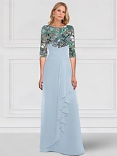 ieftine Lungimea podelei-Linia -A Lungime Podea Brodat cu mărgele Rochie pentru invitata de nunta Rochie formala Rochie Mama Miresei Manșon Jumate Bateau Elegant Simplu Luxos Oficial Invitat la nunta Șifon Dantelă Dantelă cu