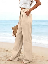 preiswerte Wesentliche Falsche Unterteile-Damen Kunstbaumwollleinen Weites Bein Freizeithose Sommerhose Urlaub Streetwear Basic Volle Länge Mittlere Taillenlinie Einfach Tasche Atmungsaktivität Bequem Unelastisch Täglich Outdoor Urlaub Blau