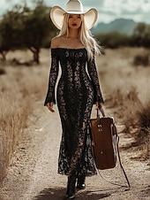 ieftine Rochie simplă-Pentru femei Rochie Maxi Rochie teacă Elegant Petrecere cocktail În aer liber Petrecere Invitat la nunta Dantelă Fit regulat Culoare solidă Manșon Lung De Pe Umăr Negru