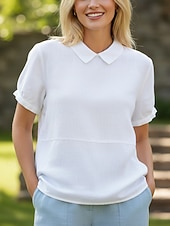 economico Camicie-maglietta da donna 100% cotone, arricciata, tinta unita, classica, casual, maniche corte, colletto, top regolare, per tutti i giorni, per uscire, per il fine settimana, blu, bianco, rosa, azzurro, estate, primavera