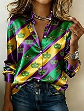 levne Dámské Mardi Gras Oblečení-Mardi Gras Dámské Košile Grafika Geometrický Vinobraní stylové Moderní Dlouhý rukáv Košilový límec Běžné topy Denní Dovolená Fialová Trávová zelená Léto Jaro