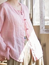 baratos Coleção de Linho Premium-Camisa feminina 100% linho, blusa com botões, lisa, estilo vintage, manga longa, gola redonda, tops regulares para uso diário, férias, sair, nas cores preto, rosa, vermelho e verde, para verão e primavera.