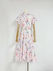 cheap Semi-formal / Cocktail-A-Line Ankle Length Tea Length Wedding Guest Dress Wedding Guest Dresses Elegant Daily Short Sleeve High Neck Garden Party Wedding Cowl Back with Floral Print Print