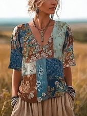  T-Shirt Boho από λινό για γυναίκες λουλουδάτο γραφικό σχέδιο φυτά vintage στιλάτο κλασικό κοντομάνικο V λαιμόκοψη κανονικά επάνω καθημερινές διακοπές εκτύπωση μπλε κίτρινο καλοκαίρι άνοιξη