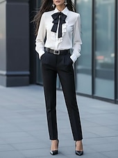 preiswerte Schicke Blusen-Damen Elegant Satin-Top Bluse Seiden-Oberteile Rüsche Schleife Einfach Elegant Langarm Hemdkragen Normale Oberteile Täglich Schwarz Weiß Rote Grau Herbst