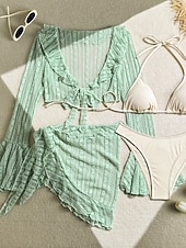 cheap 3 Pieces Bikini Set-Women's Swimwear Bikini Three Piece Cheeky Swimsuit Slim Backless Vacation Beach Wear Solid Color Halter Neck Sleeveless Long Sleeve Bathing Suits