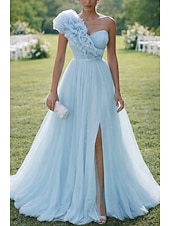 cheap Long Dresses &amp; Gowns-Ball Gown A-Line Floor Length Prom Dresses Elegant Sleeveless One Shoulder Prom Quinceanera Tulle Cowl Back with Embroidered Flower Ruffles Slit