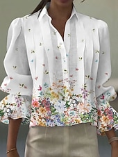 abordables Blusas Sencillas-Mujer Camisa Volante Floral Graphic Elegante Bohemia Vintage Manga Larga Cuello Camisero Tops regulares Diario Trabajo Festivos Azul Piscina Blanco Naranja Beige Verano Primavera